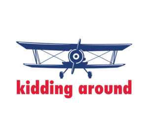 Blue biplane illustration with 'kidding around' in red text below.