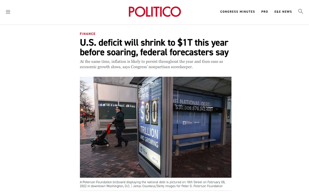 A Peterson Foundation billboard displaying the national debt is pictured on 18th Street on February 08, 2022 in downtown Washington, D.C.