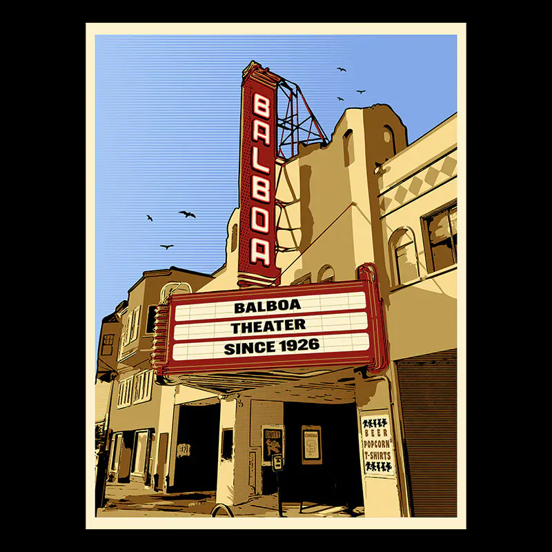 The historic Balboa Theatre marquee against a clear sky.