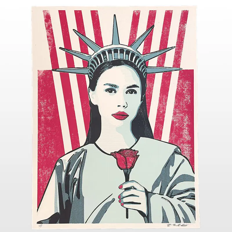 Liberty Rose (Distressed): 18x24 inches. 4-color screen print. Artist - hand pulled on 80lb Cream Cordtone (Speckletone) French paper. Edition varied edition of 7 (EV I) print signed and numbered by Brian McNulty.