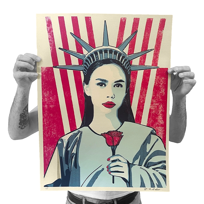Liberty Rose (Distressed): 18x24 inches. 4-color screen print. Artist - hand pulled on 80lb Cream Cordtone (Speckletone) French paper. Edition varied edition of 7 (EV I) print signed and numbered by Brian McNulty.