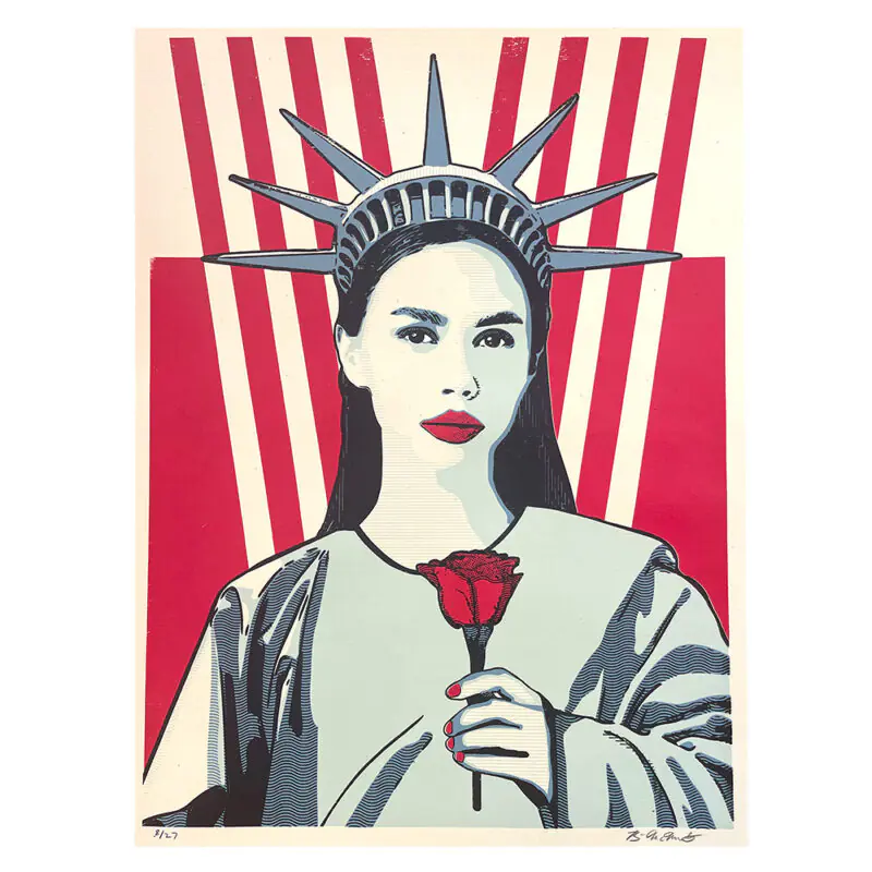 Artistic depiction of the Statue of Liberty holding a red rose against a bold red and white background.