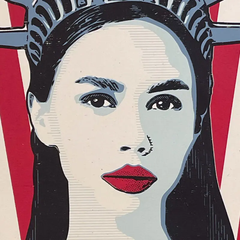 Stylized portrait of a woman with bold makeup and dark hair in graphic art style.