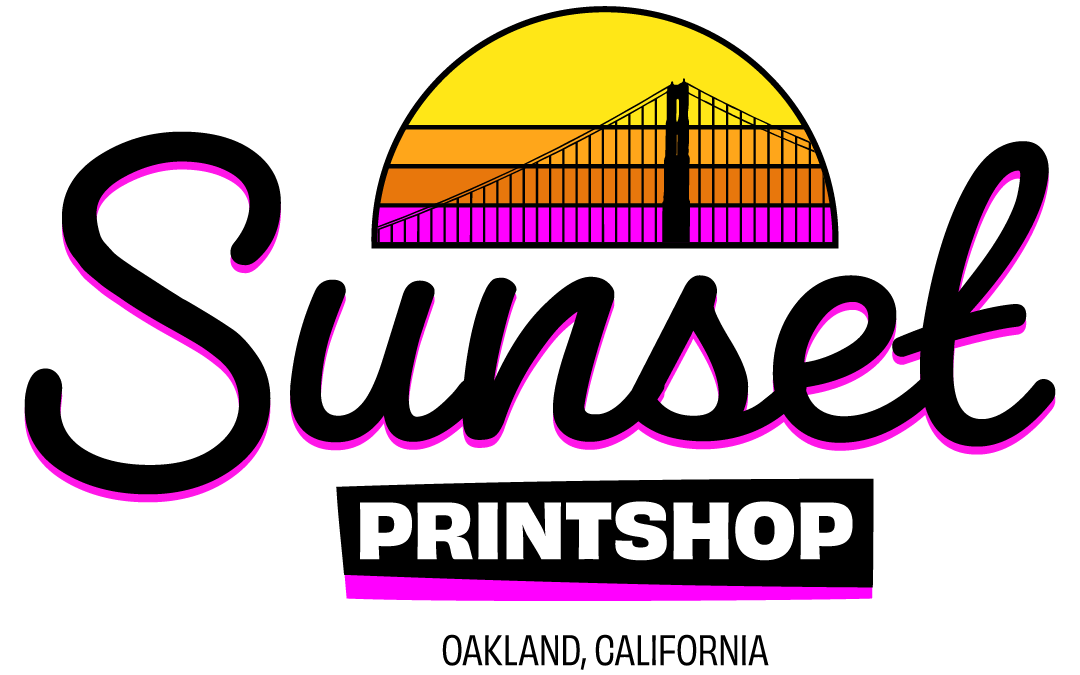 Logo for Sunset Printshop in Oakland, California with a sunset and bridge design.