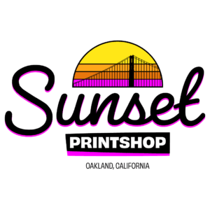 Logo for Sunset Printshop in Oakland, California with a sunset and bridge design.