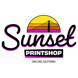 Logo for Sunset Printshop in Oakland, California with a sunset and bridge design.