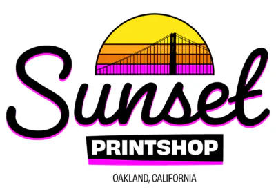 Logo for Sunset Printshop in Oakland, California with a sunset and bridge design.