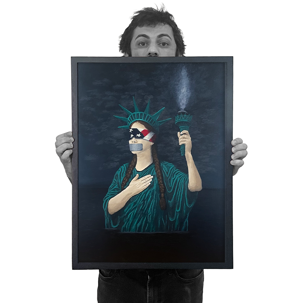 Acrylic painting of Statue of Liberty with American Flag blindfold and duct taped mouth